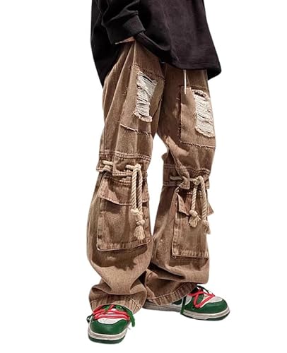 Lafaguw Pantalones cargo para hombre, rasgados, holgados, Y2K, cintura elástica, pierna recta, ropa de calle vintage de los años 90, ropa grunge., Caqui1, L