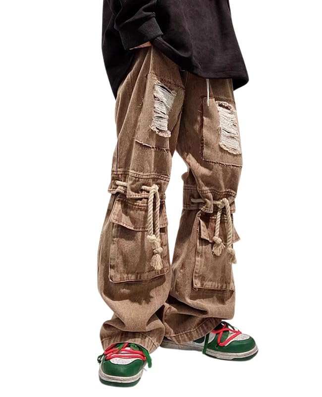 Lafaguw Mens Cargo Pants Ripped Baggy Jeans Y2K Elastic Waist Straight Leg Pants 90S Vintage Streetwear Grunge Clothes.