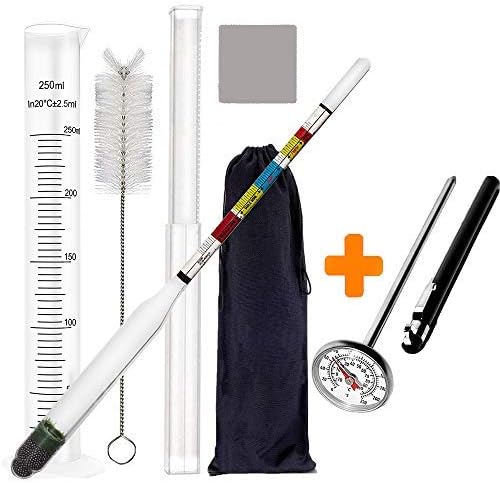 Hydrometer and Test Jar for Wine, Beer, Mead and Kombucha | Combo Set of Triple Scale Alcohol Hydrometer | 250ml Plastic Cylinder, Cleaning Brush, Cloth, Storage Bag | 1” Dial Thermometer for HomeBrew