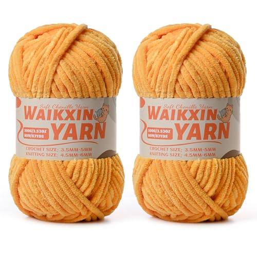 Image of (2 Golden Yellow) 2 Pack Super Soft Fuzzy Chenille Chunky Yarn for Crocheting, 200g (175yds) Fluffy Velvet Yarn for Hand Knitting Baby Blankets Weaving Craft
