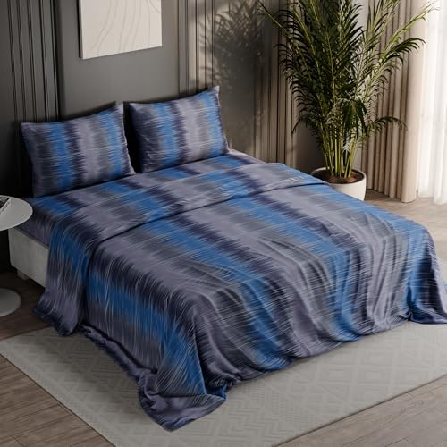 Image of BLISSHOME Everlast 150TC King Size Printed Bedsheet with 2 Pillow Covers for Double Bed, Aesthetic Bedding, Wrinkle Resistant, 100+ Wash Durable, Quick Dry, Geometric Pattern - Blue (228cm x 274cm)