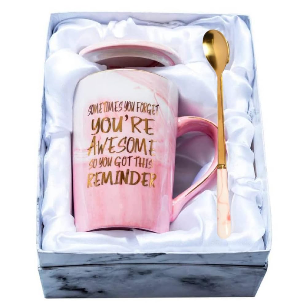 NYRWANA Coffee Mug, Gift for Woman, Birthday Present for Girlfriend, Christmas Gifts, Ceramic Mug, Present for Women Birthday Special, Cute Mug with Spoon, Box & Bag (400ml-Pink)