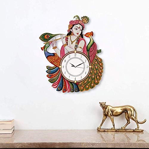 Image of Radhe Krishna Antique Wooden Wall Clock Handmade Vintage Round Analog Wall Clock for Home & Bedroom Decor