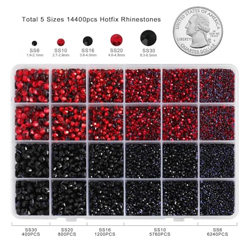 Image of Hotfix Rhinestones Kit,Black and Siam, Mixed 5 Sizes 14400pcs | Black and Red Hot Fix Crystals, for Bedazzling Clothes Crafts, with Wax Pencil,Tweezers and Spoon,SS6-SS30