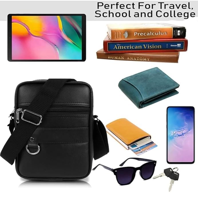Image of Leather Mens Sling Bag Small Size for Travel, Crossbody Shoulder Bag for Men, Compact Chest Bag with Adjustable Strap, Stylish Mini Side Bag for Daily Use, Office & Outdoor (Sapphire Black, Medium)