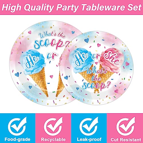 Image of 96PCS Ice Cream Gender Reveal Party Paper Tableware What's the Scoop Gender Reveal Plates Party Supplies for Summer Ice Cream Theme He or She Boy or Girl Baby Shower Dinnerware Plates Napkins Forks