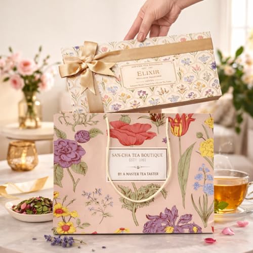 Image of SAN-CHA Tea Boutique, Elixir Selection, Tea Gift Box, 5 Immunity Boosting Teas- Lavender, Rose, Turmeric, Tulsi & Moroccan Mint, Tea Gifting, Tea Gift Hamper, 125 Gram