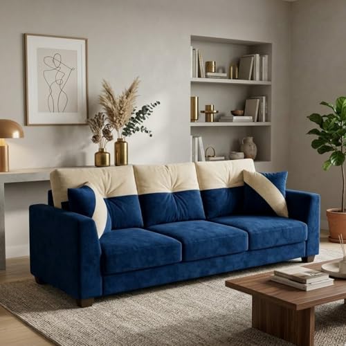 Image of Revola Plush Comfort Sofa | 3 Seater | Luxury Velvet Suede Fabric | Modern Living Room Sofa | Dark Blue - Cream