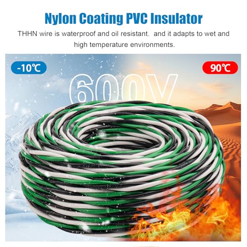 Image of THHN Wire 10 Gauge 150 FT 3 Conductors Copper Wire Black White Green, 10 AWG Copper Wire with Ground 600V Building Wire Nylon Jacket for Residential, CNC, Ground, Industrial