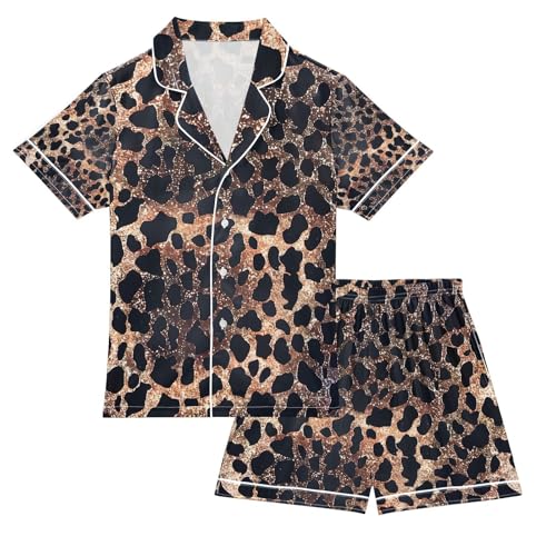 senya Glitter Leopard Design Satin Summer Pajama Sets Silk Short Sleeve Button Down Sleepwear