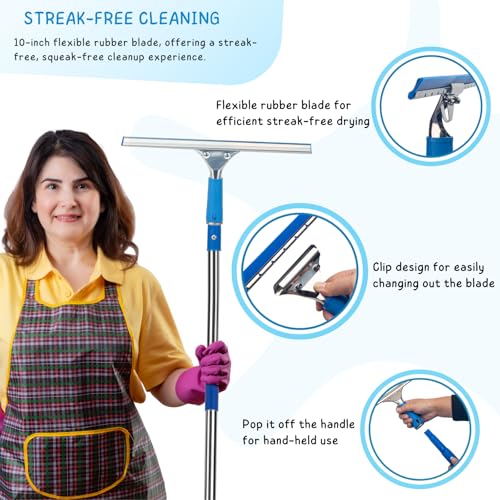 Image of Window Squeegee with Scrubber for Home and Outdoor Glasses Cleaning, 6 Ft Long Handle 2 in 1 Professional Window Washing Kit with Replacement Rubber Blade, Car Windshield Cleaner Tool
