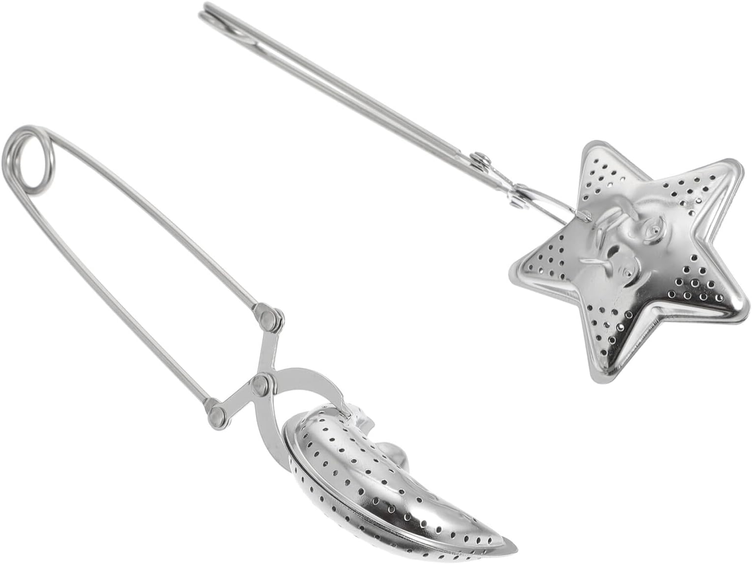 2pcs Stainless Steel Tea Strainers Star and Moon Design Silver Loose Leaf Tea Infuser Filters Long Grip for Brewing and Steeping