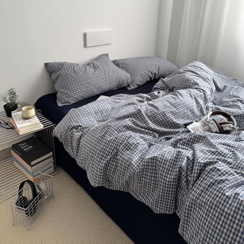 Image of EAVD Vintage Blue Plaid Gingham Duvet Cover Full Soft 100% Washed Cotton Reversible Grid Plaid Checkered Gingham Bedding Set with 2 Pillowcases Farmhouse Blue Plaid Duvet Cover with Zipper