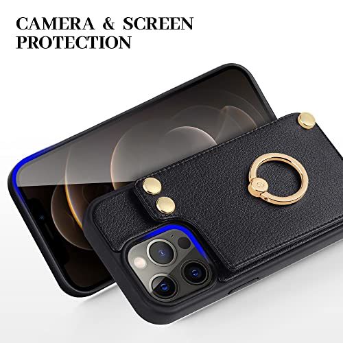 Lameeku Wallet Case Compatible With Iphone 12 Pro/Iphone 12, Case With Card Holder Leather Cover 360°Rotation Metal Ring Kickstand Protective Bumper Designed For Iphone 12/ Iphone 12 Pro 6.1'' Black #TOP5