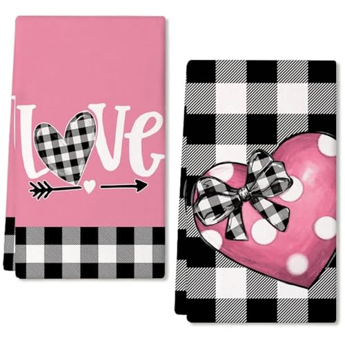 Valentines Day Decorations Kitchen Towels 2Pcs Pink 24*15.7In Valentine Dish Towels With Love Heart Patterns Valentine Hand Towels Valentines Day Towels Table Decor For Indoor Home Kitchen Decor