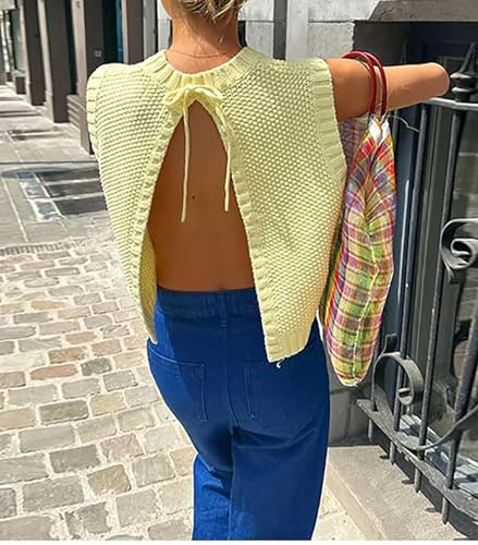 Cioatin Women Y2K Backless Tie Up Knit Crop Sweater Vest Sleeveless Round Neck Split Open Back Pullover Summer Tank Tops4