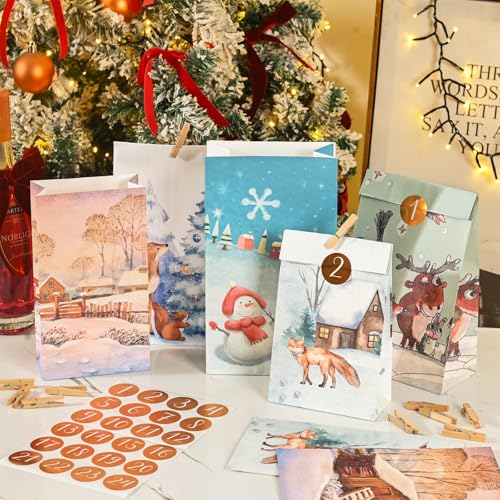 FYOJAIC Adventskalender Tüten zum Befüllen, 24 Weihnachtskalender Papiertüten Groß zum Selber Befüllen Basteln, Advents Geschenktüten DIY Kraftpapiertüten Selbstbefüllen für Kinder Erwachsene