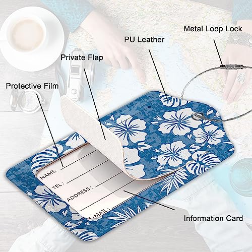 Summer Luggage Tag for Suitcase,Blue Hawaiian Hibiscus Flowers Tropical Unique Travel Tags with Privacy Cover ID Label & Stainless Steel Loop for Men Women3