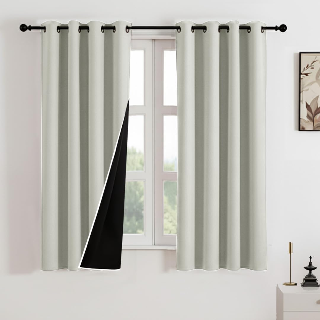 HOMEMONDE 100% True Blackout Curtain Solid Window 5 Feet Pack of 2 - Thermal Insulation, Black Backing & Fade Resistant Drapes - (60 Inch, Off White)