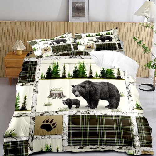 LUVIVIHOME 3PCS Rustic Cabin Bedding, Black Bear Comforter Set Queen Size, Country Lodge Farmhouse Forest Animal Wildlife Hunting Log Cabin Bedroom Decor, Green Plaid Patchwork Quilt, 2 Pillow Shams