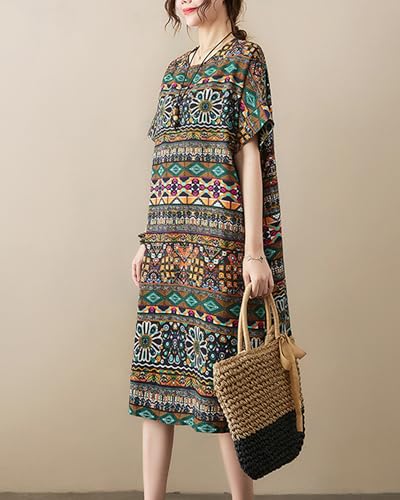 Image of LUZU JUNU Women's Summer Baggy Plus Size Loose Cotton Linen Long Boho Beach Dress with Pockets