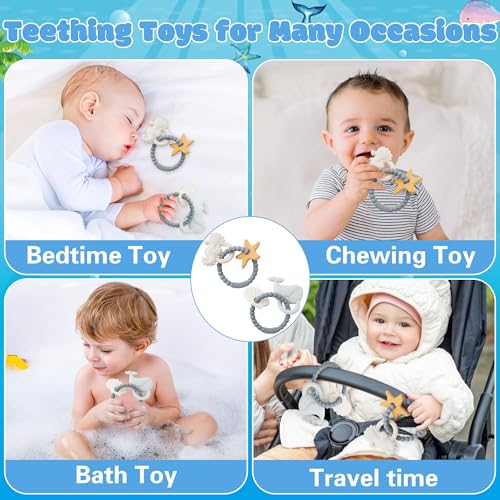 Image of Silicone Teether Toys for Babies - 2ooya 2Pcs Summer Ocean Beach Themed Teething Ring Infant Soft Teethers, Toddler Teething Chew Toys for Newborn Boy and Girl Baby Shower Birthday Gifts