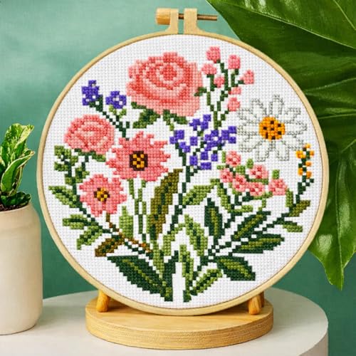 Image of Zhenqing Pink Floral Bouquet Cross Stitch Kit for Beginners - 11CT 24x24cm Pre-Printed Pattern with Embroidery Hoop, Threads & Tools(70517)