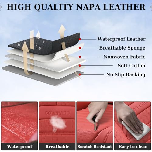 Image of Coverado Seat Covers, Car Seat Covers Front Seats, Automotive Seat Covers, Waterproof Nappa Leather Car Seat Cover, Car Seat Cushion,Red Seat Covers Carseat Cover Universal Fit for Most Cars