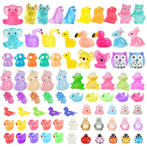 Conjunto de 80 minifiguras de animais de resina, animais de resina luminosa, figuras em miniatura, pequenos coelhos, dinossauros, elefantes, corujas coalas, para artesanato em aquário, casa de