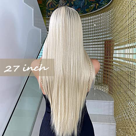 Miniatura 2 de EMMOR Peluca larga rubia con encaje frontal para mujer, cabello natural lacio de 30 pulgadas, parte media, atada a manolarga vidaligera
