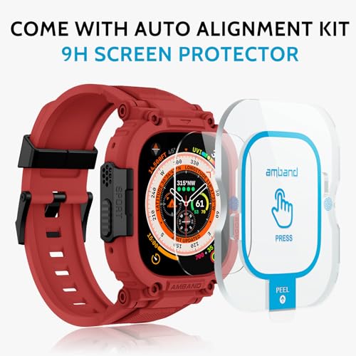 Image of amBand Bands Case Screen Protector Compatible with Apple Watch Ultra 3 /2 /1 49mm, M1 Sport Series Rugged Cover Strap and 9H Tempered Glass Film, Protective Bumper for iWatch 49 mm Men - Mars Red
