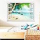 Lichi 3D Fake Window Wall Sticker of Tropical Beach View Sunshine Scenery Mural Decal for Home Decoration