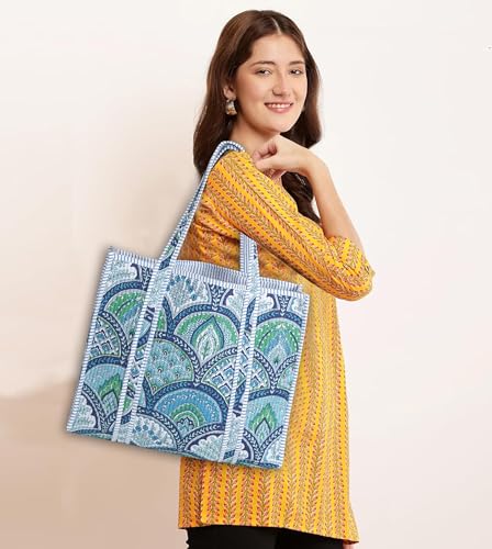 Image of Cotton Tiger Block Print Tote Bag, Indian Handmade Shopping Shoulder Bag, Unisex Market Daily Use