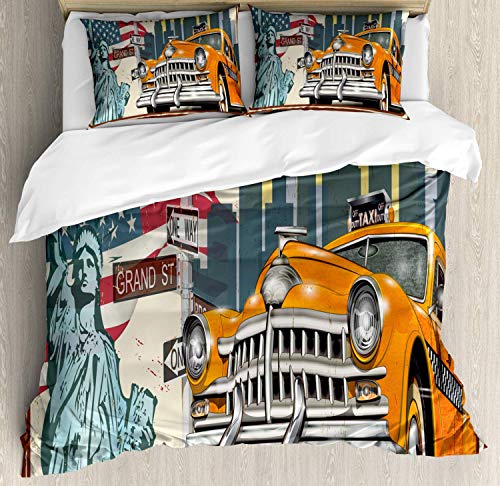 Ensemble de housse de couette Taxi New York, thème de la ville de New York Illustration du panneau publicitaire de style vintage, ensemble de literie décoratif 3 pièces avec 2 couvre-oreillers, grand
