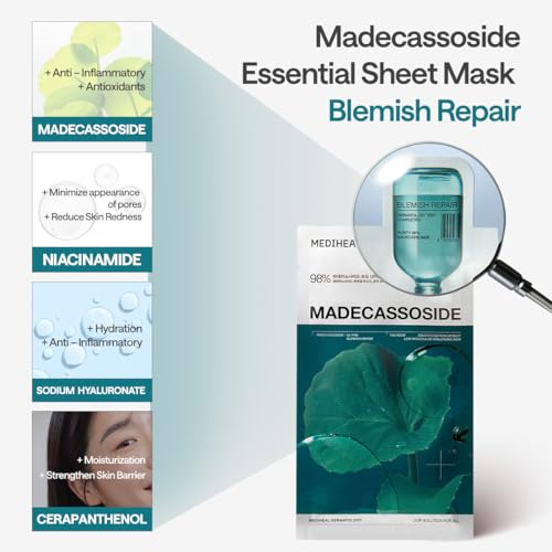 Image of MEDIHEAL Madecassoside Essential Mask (4 Sheet) Blemish Repair Korean Sheet Mask, Redness Relief, Skin Barrier Repair, Deep Hydration, Improves Skin Texture