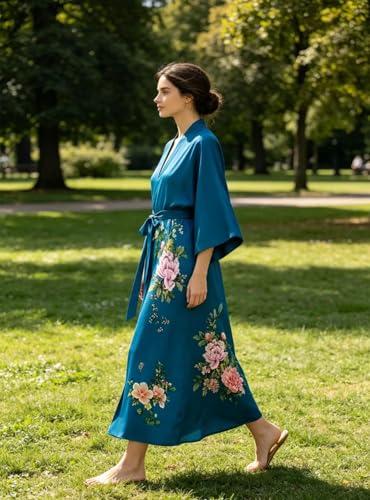 Image of Women's Classic 100% Silk Kimono Robe, Bathrobe-Printed Pattern