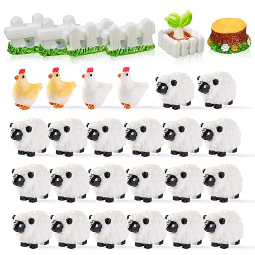 YUDAWN Miniatur Schaf Figuren, 30 stück Mini Schaf Deko Harz Schaf Statue Weiße Schafs Kuchenaufsatz Tortendeko Garten Micro Landschaft Ornament für DIY Puppenhaus Bonsai Desktop
