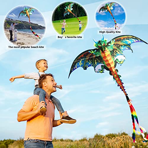 Eyijklzo Green Dragon Kite Beautiful And Easy Flyer Kite For Children And Adult With Long Colorful Tail String Line Accessories Easy To Soar High Outdoor Sports Game Activities Or Beach Trip #TOP4