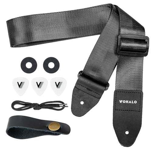 VOHALO Correa de Guitarra Acústica/Eléctrica y Bajo, Correa de Nylon y Cuero con Hebilla Metálica, Longitud Ajustable 91-152 cm, Incluye Púas y Accesorios Negro