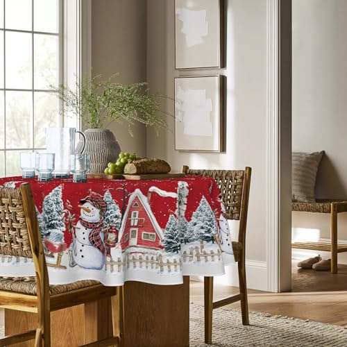 Artoid Mode Red House Trees Snow Snowman Christmas Table Cloth - Image 3