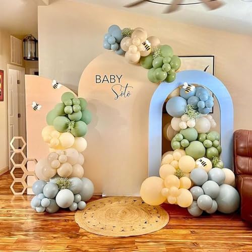 Image of Sage Green Dusty Blue Yellow Balloons, 60 Pcs Olive Green Slate Blue Macaron Yellow Apricot Balloon Helium for Birthday Wedding Engagement Bridal Wild Bee Bear Theme Baby Shower Party Decorations