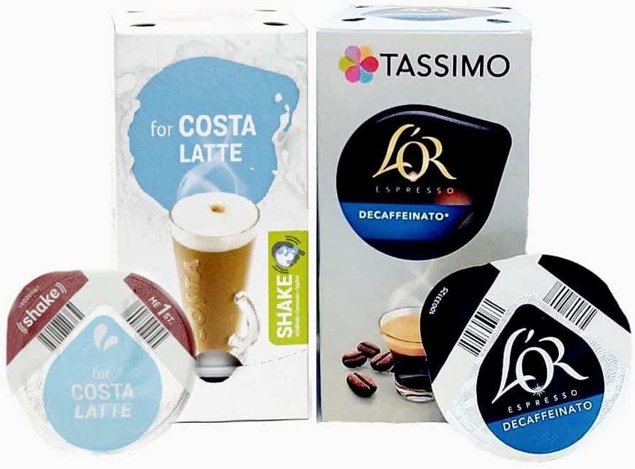 Tassimo Decaf Latte Coffee T-Discs: 48x Costa Latte Milk & 48x LOr Espresso Decaf Pods (Sold Loose)