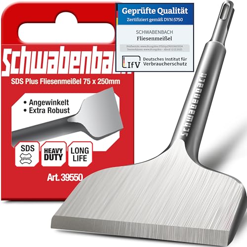 SCHWABENBACH Fliesenmeißel SDS PLUS - Abgewinkelt Sds Plus Meißel 75 x 250mm - Fliesen entfernen - Ideal zum Abtragen von Verputz - Extra Gehärtete Spitze - Meißel für Bohrhammer 75mm Breit