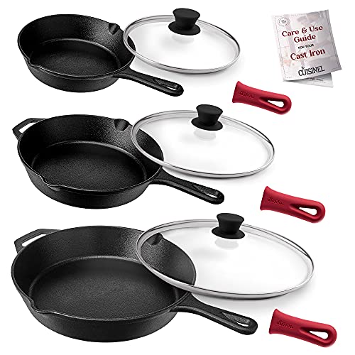 Cast Iron Skillet Set + Glass Lids 8"+10"+12"Inch Frying Pans