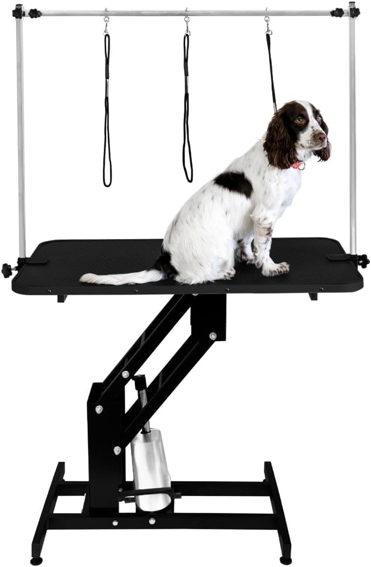 Tavolo Idraulico Toelettatura Cani - Altezza 55-101 cm, Capacità 180 kg, Nero - Piano Nero, Antiscivolo 106x61 cm, Acciaio Nero, Piedini Livellanti, 3 Guinzagli