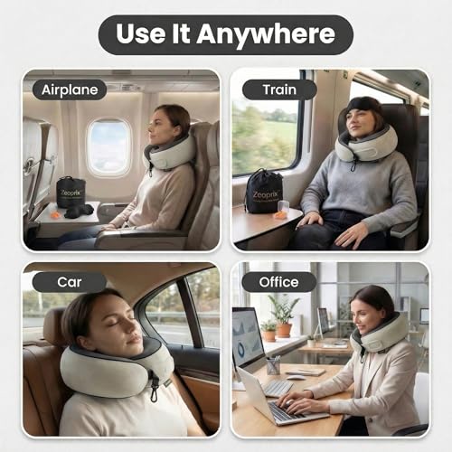 Image of Travel Neck Pillow for Airplane, Memory Foam 360 Wrap Around Neck Support for Sleeping on Long Flights, Washable Cover with Adjustable Fit, Eye Mask & Earplugs, for Car & Office (Light Grey)
