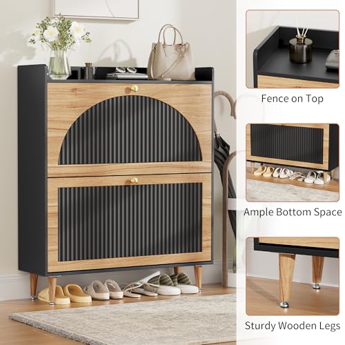 Image of Shoe Storage Cabinet with 2 Flip Drawers, Shoe Organizer Storage with Adjustable Shelves, Freestanding Hidden Slim Narrow Shoe Rack Cabinet for Entryway, Foyer, Hallway, Living Room