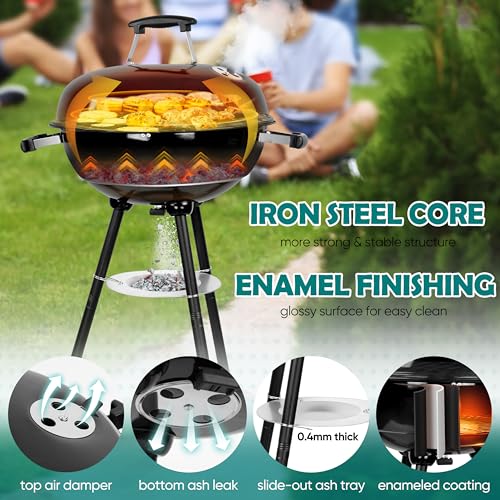 HaSteeL 18 Inch Charcoal Grill, Black Kettle Outdoor Barbecue Grill, 2-In-1 Portable BBQ Grill with Wheels for Camping/Backyard/Patio/Picnic, Porcelain-Enameled Lid & Fire Bowl, 254.SQ.IN Cooking Area - Image 5