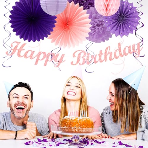 Image of Purple Lilac-Lavender Pink Women Birthday Party-Decorations - 21pcs Happy Banner,Paper Lanterns Honeycomb,Tissue Pom Poms Flower Fan,Classroom Hanging Streamers Garland,Girls Decor Supplies Huglony