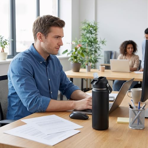 Fijinhom 24oz Insulated Stainless Steel Water Bottle, Wide Mouth Double Wall Vacuum, Silicone Straw, Sweat & Leak Proof, BPA Free Insulated Water Flask for Travel, Keep Cold 24h Hot 12h, Black